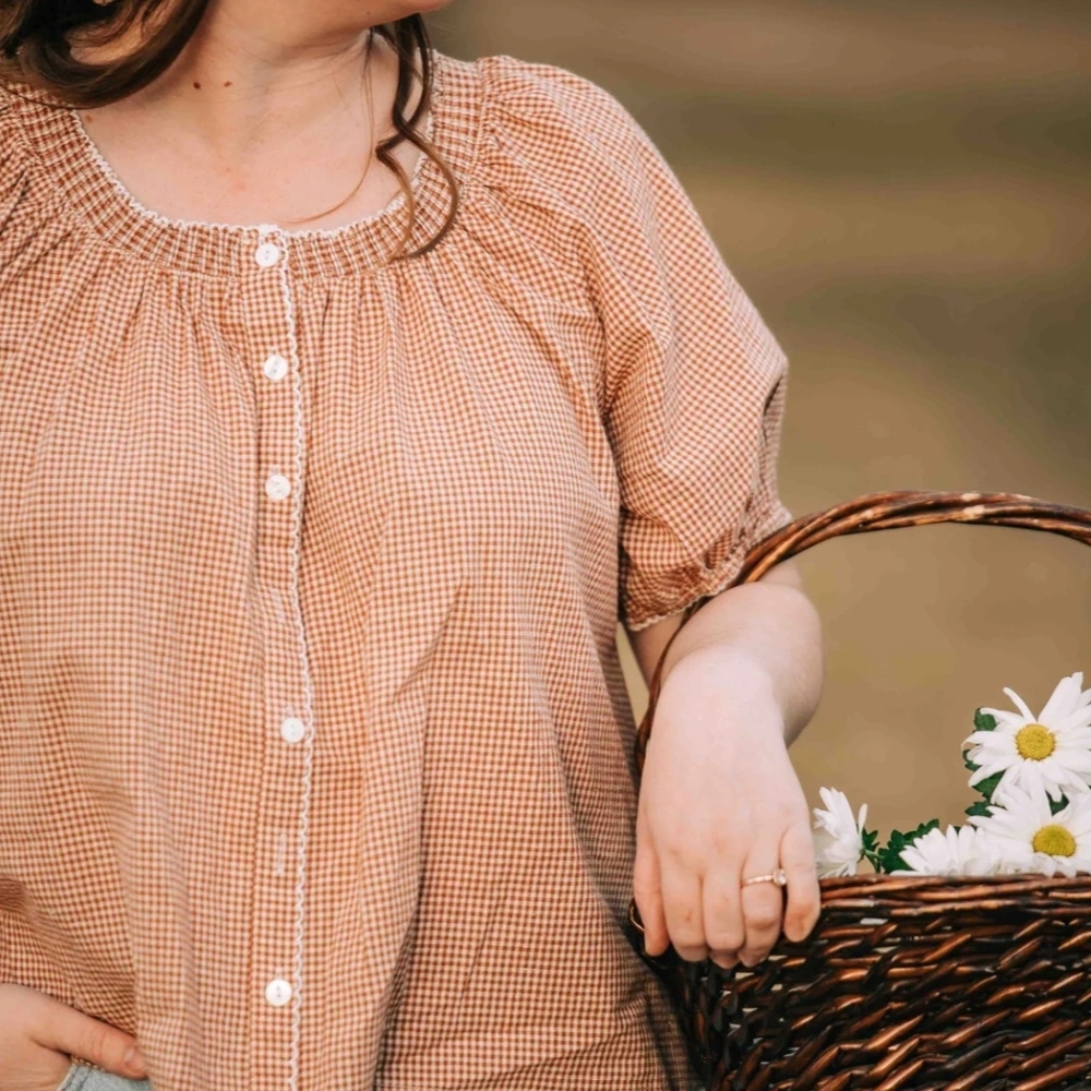 NWOT Dahl Things Between Brown Gingham Top size Small